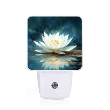 Imagem de EMXION Luz noturna de lótus em aquarela, tomada de luz noturna na parede, lâmpada de LED, adequada para quartos, cozinhas, banheiros, corredores, etc. Sensor automático do crepúsculo ao amanhecer