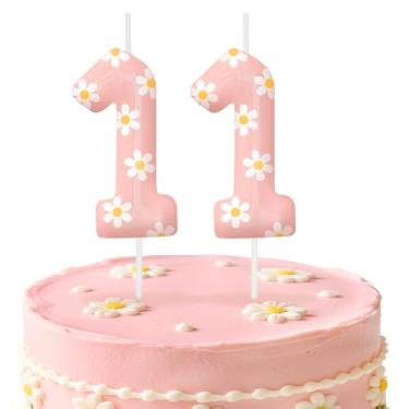 Imagem de Velas de aniversário rosa número 11, enfeite de bolo com tema de margarida para meninos e meninas, decorações de aniversário, suprimentos de festa, velas numéricas para decoração de festa