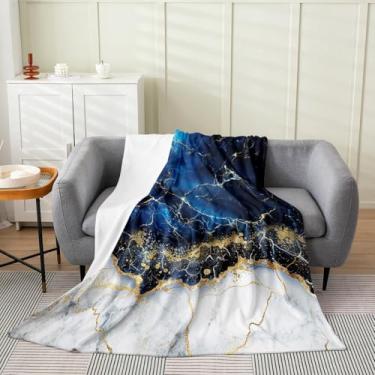 Imagem de Cobertor de lã de mármore, tamanho dourado, brilhante, linhas geométricas, cobertor de flanela azul marinho, textura de mármore, cobertor para crianças, meninos, meninas, tinta fluida, abstrata, magma