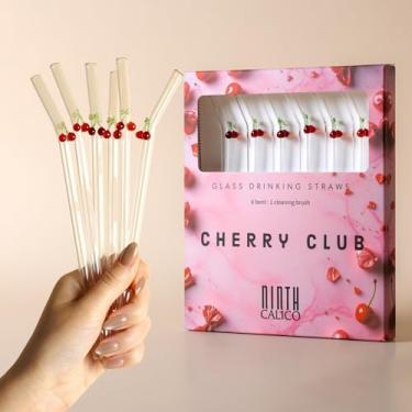 Imagem de Pacote com 6 canudos reutilizáveis de cereja – Cherry Club colorido, durável, resistente a estilhaços – Inclui 6 canudos de decalque especiais e 1 escova de limpeza – para vitaminas, café gelado