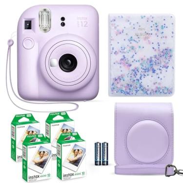 Imagem de Câmera instantânea Fujifilm Instax Mini 12 roxo-lilás, pacote de papel fotográfico (40 folhas) e acessórios da Shutter com estojo de transporte e álbum de fotos decorado com 64 compartimentos