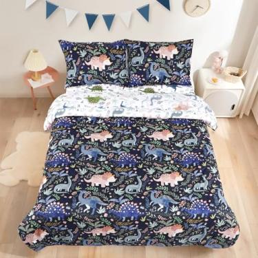 Imagem de Jogo de cama infantil, solteiro, para meninas, com estampa floral, de dinossauro, 5 peças, inclui lençol de cima, lençol com elástico, edredom, fronha de envelope, macio e confortável