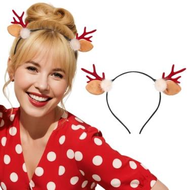 Imagem de Etercycle Faixa de cabeça de chifre, faixas de cabelo fofas de orelha de veado para mulheres, faixas de cabelo de alce vermelho com rena e festa de Natal