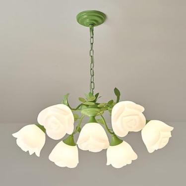 Imagem de Lustre de 9 luzes com flores, lustre floral verde com rosas para sala de jantar, lustre grande para meninas, quarto, luminária pendente de teto nórdica moderna, luminária suspensa para hall
