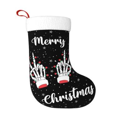 Imagem de Navuxu Meia de Natal com estampa de caveira gótica gótica grande de 45 cm para decorações de festa de Natal, decoração de lareira, esqueleto, design de impressão preta