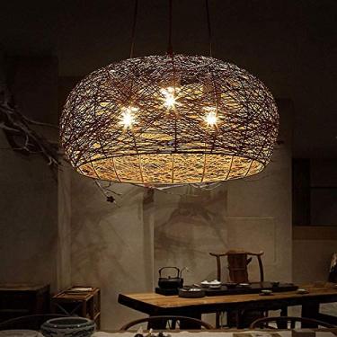 Imagem de Lustre pendente de vime com 3 lâmpadas E27, abajur de vime, luminária de teto LED de 60 cm para sala de estar.