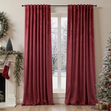 Imagem de Cortinas de veludo vermelho de Natal 203 cm de comprimento, 2 painéis, bolso traseiro, vintage, vitoriano, luxuoso, sala de estar, escurecimento, isolamento térmico, cortina longa decorativa para