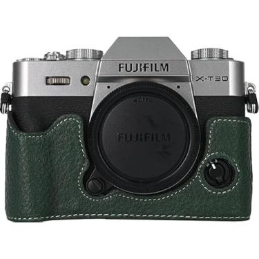 Imagem de Capa X-T30, capa BMAOLLONGB feita à mão de couro PU meia câmera versão abertura inferior para Fujifilm X-T30 XT30 com alça de mão (verde)