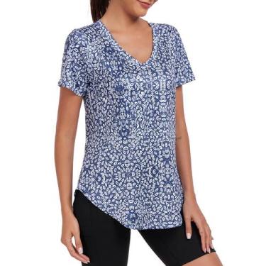 Imagem de Camisa de treino Alovien, manga curta, folgada, feminina, azul, 3GG