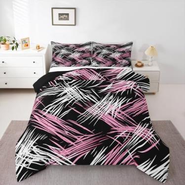 Imagem de Feelyou Conjunto de cama macio, rosa, preto e cinza, para meninos e meninas, tamanho Queen, listrado, edredom de microfibra, arte moderna, decoração de quarto, 3 peças com 2 fronhas