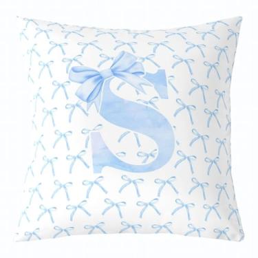 Imagem de Capa de almofada infantil com laço de desenho animado, gravata borboleta azul letra S nó princesa dupla face fronha meninas mulheres, aquarela laço patchwork azul branco cama sofá capa de almofada