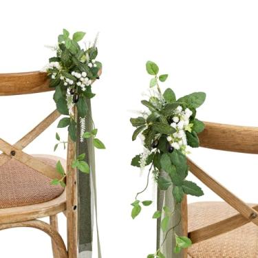 Imagem de Moment 8 peças de decoração de cadeira de banco de flores de casamento arranjos de flores artificiais com fita de chiffon branco babysbreath verde para cerimônia cadeira traseira floral recepção