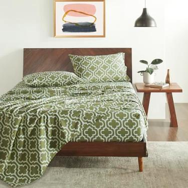 Imagem de Jogo de cama de treliça de algodão escovado de flanela, macio, quente, lençóis geométricos modernos, decoração de quarto, 1 lençol de cima, 1 lençol elástico com bolso profundo, 2 fronhas, Queen