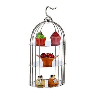 Imagem de Suporte de bolo de 3 níveis, suporte de bolo de ferro forjado, em forma de gaiola de pássaro, comida, frutas, doces, lanches, bandeja organizadora moderna para festa de aniversário (prata 30 x 63 cm