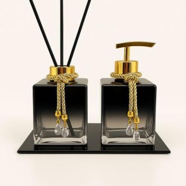 Imagem de Kit De Banheiro Lavabo Luxo Cubo De Vidro Difusor + Sabonete + Bandeja