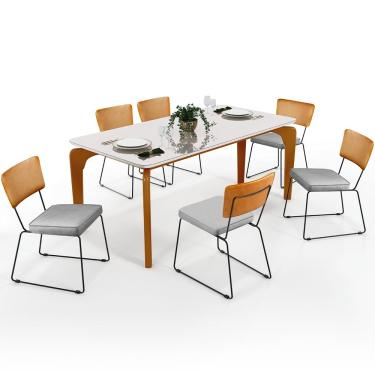 Imagem de Mesa Capri 160cm Off White Com 6 Cadeiras Allana B05 Couríssimo Whisky Linho Cinza - Lyam Decor
