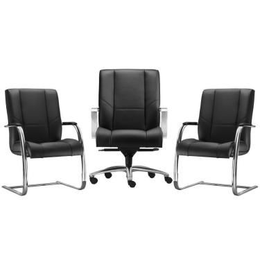 Imagem de Kit Cadeira Escritório Diretor com 2 Cadeiras Fixa New Onix F02 Couro Ecológico Preto - Lyam Decor