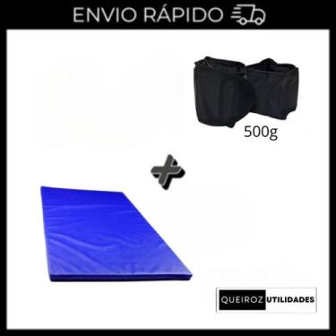 Imagem de KIT Caneleira de Peso Preta Par de 500g + Colchonete Azul Treino/Acade