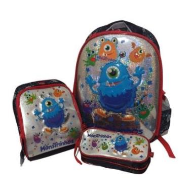 Imagem de Kit Mochila Infantil Clio Escolar Monstrinho c/ Lancheira e Estojo FT71135 - Vermelho-Masculino