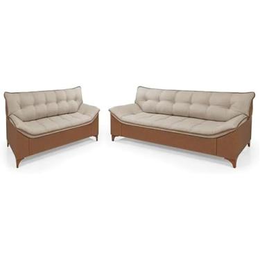 Imagem de Sofá Veneza Conjunto 2 e 3 Lugares em Composê Linho e Couríssimo Bege Estrutura Reforçada e Base em Madeira Maciça Império