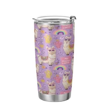 Imagem de Linda lhama de desenho animado com uma inscrição No Drama Lhama em um copo de 590 ml Copo de café isolado copo de vinho aço inoxidável reutilizável garrafa de água de parede dupla caneca de viagem