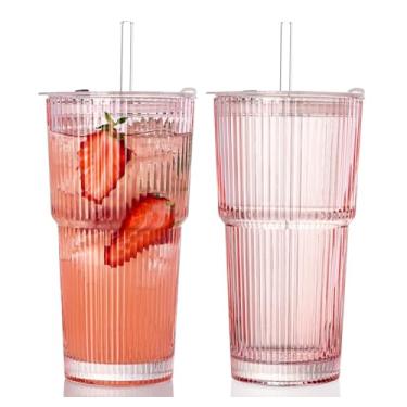 Imagem de SIPBYSOP 2 peças de copos de vidro com nervuras com tampas e canudos, copos vintage de 590 ml, copos de café gelado estéticos, copo de vidro para Boba, cerveja, chá, coquetéis, conjunto de vidro