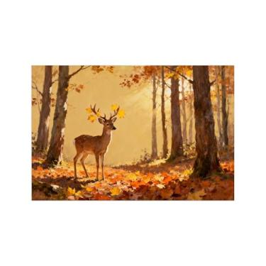 Imagem de Quadro arte parede outono-Árvore folhas caídas veado Impressões em tela paisagens-Pintura animais para sala estar decoração fazenda 20x30cm Sem Moldura