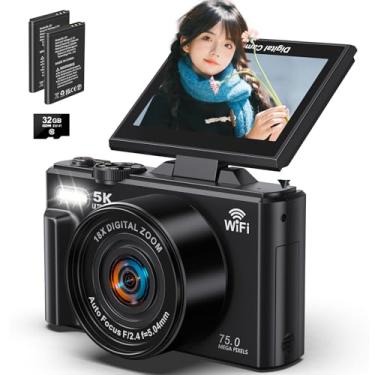 Imagem de Câmera digital 5k, câmera de 75 megapixels, transmissão Wi-Fi, zoom digital de 18x, tela giratória de 180 graus, cartão SD de 32G,câmera compacta,vlog,fotográfica