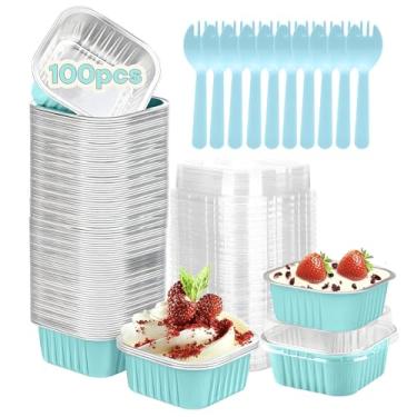 Imagem de Yimy 100 peças de copos quadrados de folha de alumínio, mini formas de bolo com tampas e garfos, copos de bolo de folha de alumínio de 142 g para festa, casamento, aniversário (azul)