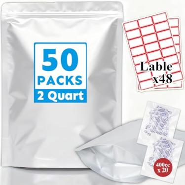 Imagem de Cloudslucky Sacos Mylar 2 Quart 50 peças 20 x 30 cm para armazenamento de alimentos com absorventes de oxigênio e etiquetas, zíper resselável de 10 mm de espessura e bolsas de suporte com vedação