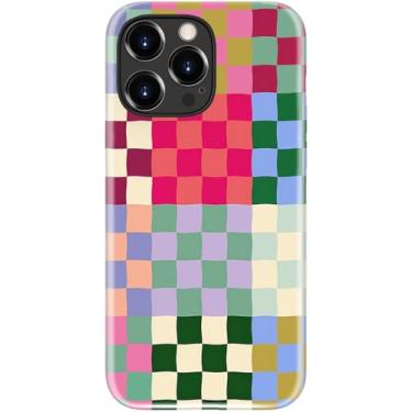 Imagem de STARVIP Capa fofa para iPhone 15 Pro – Compatível com carregamento sem fio – Capa rígida de camada dupla + capa de silicone – Capa protetora estética moderna para mulheres – Tabuleiro xadrez patchwork