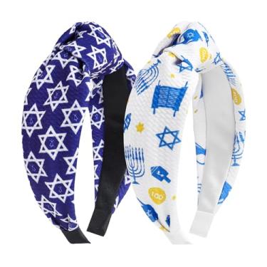 Imagem de YanJie 2 peças de faixa de cabeça Happy Hanukkah com nó para crianças Menorah Blue Headbands para meninas Chanukah Star of David, enfeites de festa roupas de Hanukkah