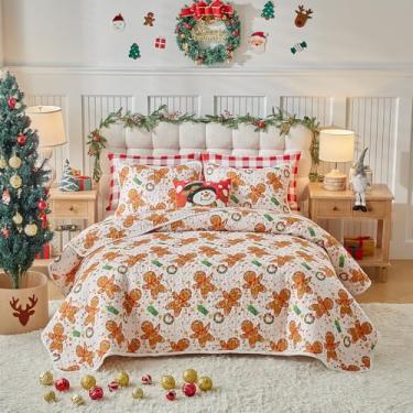 Imagem de Conjunto de colcha de Natal, 3 peças, colcha queen, guirlanda de homem de gengibre, luzes brancas coloridas, conjunto de cama de poliéster reversível com fronhas