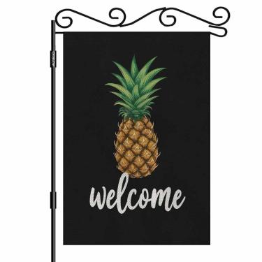 Imagem de AOYEGO Abacaxi Welcome Pequena Bandeira de Jardim Vertical Dupla Face 32,5 x 45,7 cm Pintada à Mão Preta Farmhouse Decoração Externa