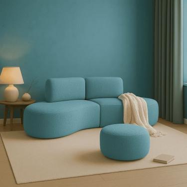 Imagem de Sofá Orgânico e Puff Módulo Curvo Savana Boucle Azul Turquesa - Montanari`s Decor