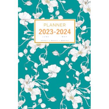 Imagem de Planner June 2023-2024 May: 6x9 Medium Notebook Organizer with Hourly Time Slots | Hand-Drawn Blossom Apple Flower Design Teal