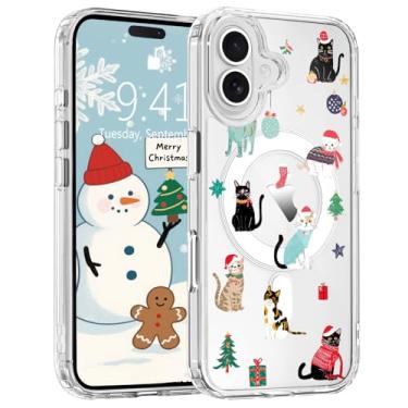 Imagem de BlHMCASE Capa para iPhone 16, compatível com MagSafe, capa magnética de gato com árvore de Natal, transparente, macia, fina, à prova de choque, para mulheres e meninas