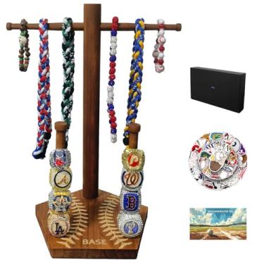 Imagem de Suporte de exibição de colar de beisebol de madeira, organizador de exibição de anéis de campeonato (para anel tamanho 9 ou maior), bônus de 50 peças de adesivos de beisebol, cartão de felicitações e