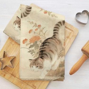 Imagem de Toalhas de cozinha fofas para gatos e flores, toalha de prato decorativa de microfibra absorvente estilo japonês, toalhas de mão de waffle para cozinha, casa, banheiro, presentes para amantes de gatos