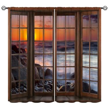 Imagem de Cortina de praia, janela de madeira, paisagem, seixo, praia, pôr do sol, janela, tratamentos retro, com isolamento térmico, bolso para varão, para casa de fazenda rústica, quarto, sala de estar, 107