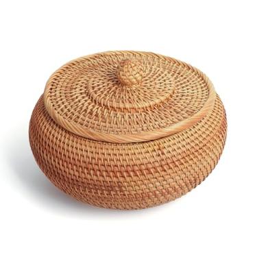 Imagem de Cesta de armazenamento de vime tecida à mão com tampa | Decoração de casa rústica | Organizador multiuso para cozinha | Ideia de presente sustentável (alta: 24 cm P x 15 cm A)