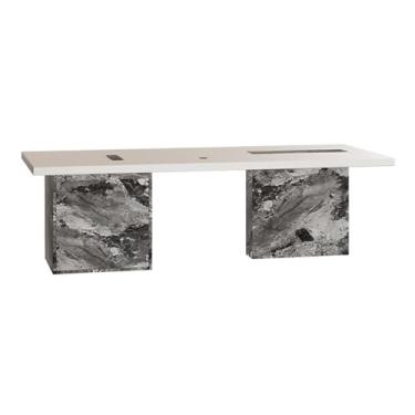 Imagem de Mesa de trabalho Mesa de escritório moderna em madeira freixo, mesa escrita espaçosa branco, PC com tomadas carregamento, 3 gavetas e espaço armazenamento aberto(S)