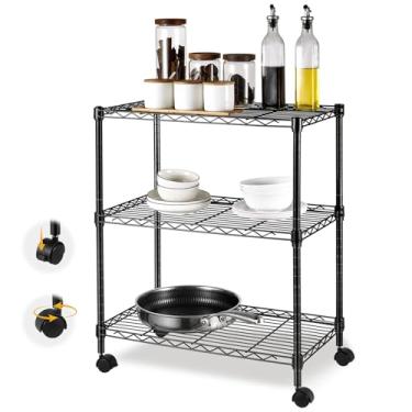 Imagem de Prateleiras de armazenamento de 3 camadas, suporte para plantas de aço, resistente, unidade de armazenamento de metal de malha com rodas removíveis de 360° para cozinha/sala de estar/banheiro