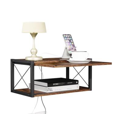 Imagem de Mesa de cabeceira flutuante de 2 andares, mesa de cabeceira montada na parede, prateleira de cabeceira de madeira, mesa de cabeceira flutuante para quarto, sala de estar, cozinha, escritório, marrom