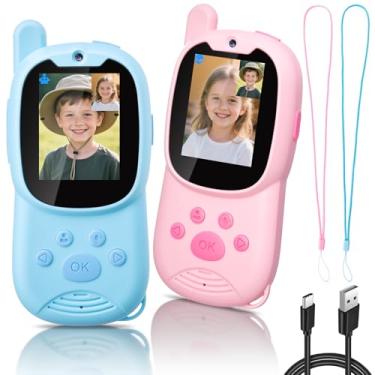 Imagem de Walkie Talkies de vídeo para crianças com câmera, pacote com 2 walkie-talkie infantis recarregáveis com chamada de vídeo e trocador de voz, vídeo porteiro de longo alcance para ambientes internos e