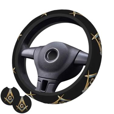 Imagem de Capa de volante Master Masonic com 2 porta-copos de carro antiderrapante de neoprene para mulheres e homens, conjunto universal de 38 cm, elegante e prático