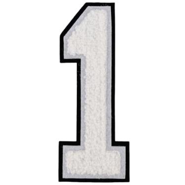 Imagem de 1 Patch de número de chenille branco de 25,4 cm com borda preta, aplique de ferro para roupas, jaquetas, mochilas, adesivos de número grande estilo universitário par com adesivos de letras