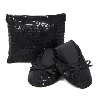 Imagem de Silky Toes Sapatos De Lantejoulas Dobráveis Femininos, Sapatilhas De Balé Elegantes, Chinelo De Enrolar Com Bolsa De Transporte Combinando, Preto-Xxl