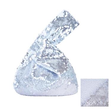 Imagem de Eternal Beauty Bolsa de pulso de lantejoulas, mini bolsa de pulso portátil feminina, bolsa de mão pequena brilhante para a noite, Prata + branco