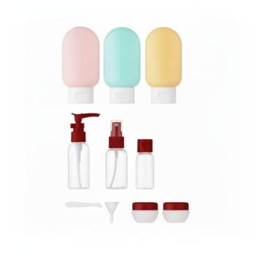 Imagem de Kit de Viagem com 10 Itens Frascos Potes Recarregáveis para Shampoo, Condicionador, Sabonete, Creme, Álcool em Gel, Maquiagem, Cosméticos, Com Necessaire transparente (Vinho)